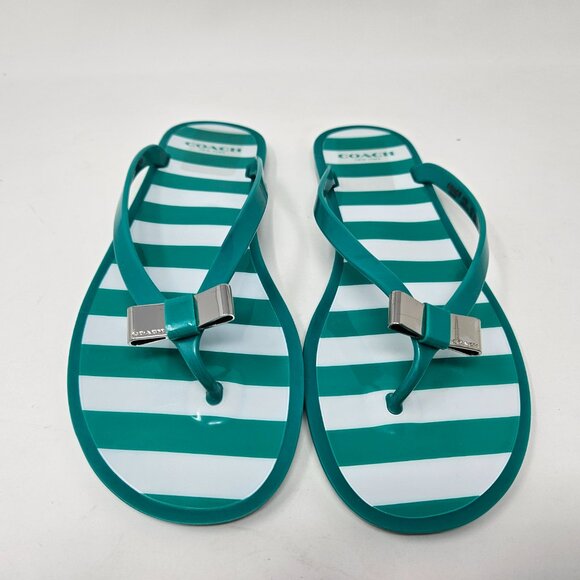 Coach Size 9B Green/White Striped Landon Jelly Flip Flops Thong Sandals Flat Bow - Picture 5 of 11